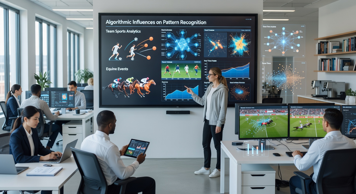 Race analysts examining equine performance patterns generated by algorithmic models on tablets