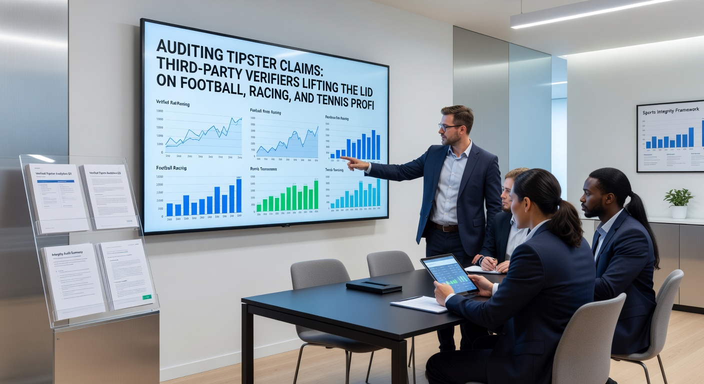 Close-up of a third-party verification dashboard displaying audited profits for a tipster's football, racing, and tennis portfolio, with green checkmarks on validated bets