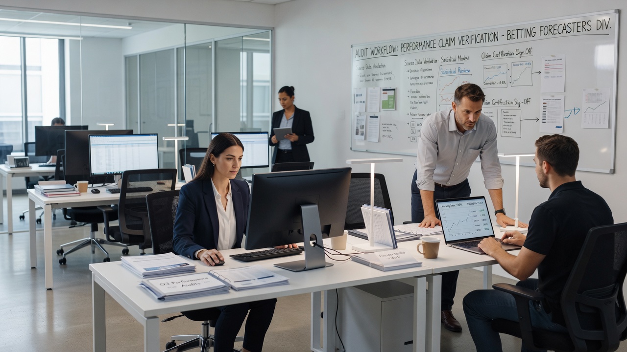 Team of auditors examining digital records from football, tennis, and horse racing forecasters