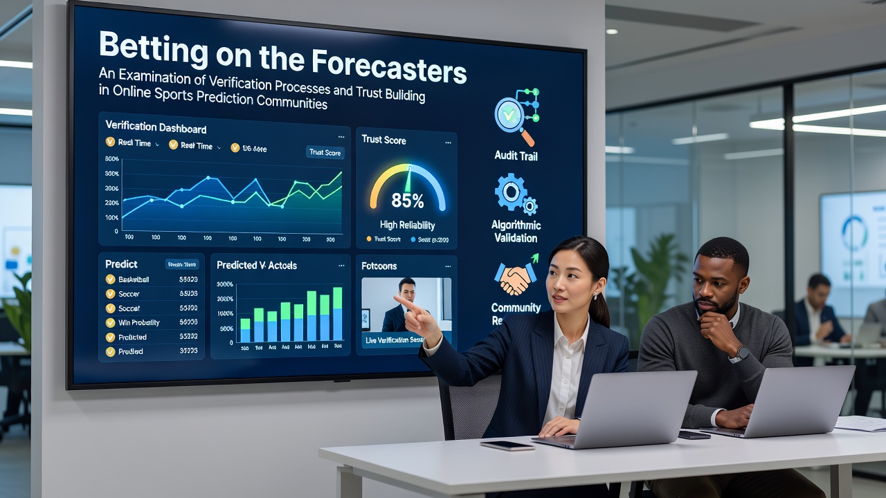 Overview of verification processes in online sports prediction platforms showing data dashboards and community interfaces