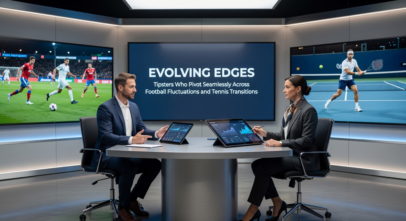 Split-screen visualization of a tipster's dashboard showing live football league tables next to tennis tournament brackets with overlaid profit curves