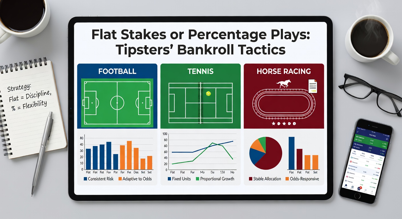 Tipster analyzing bankroll charts on a screen during a live horse racing event, highlighting flat stake versus percentage play graphs
