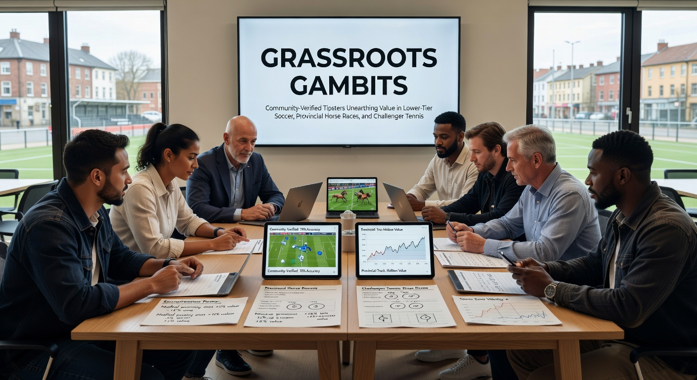 Community members discussing tipster picks on a local soccer pitch during a lower-tier match, with notebooks and phones in hand