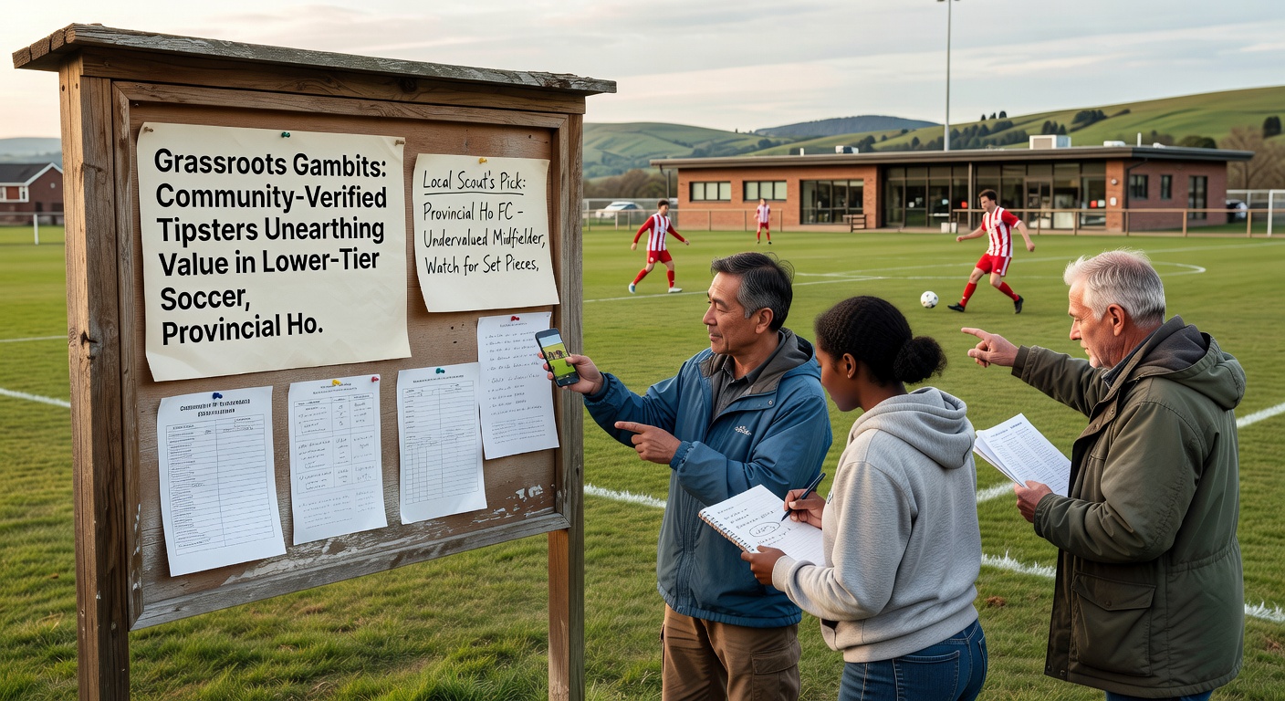 A provincial horse race track in session, with tipsters' community members huddled around screens verifying picks amid cheering crowds