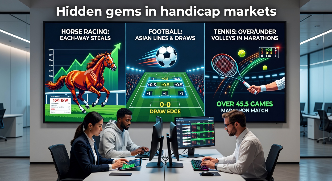 Tipster reviewing handicap betting charts on a laptop during a horse racing event, highlighting each-way value overlays