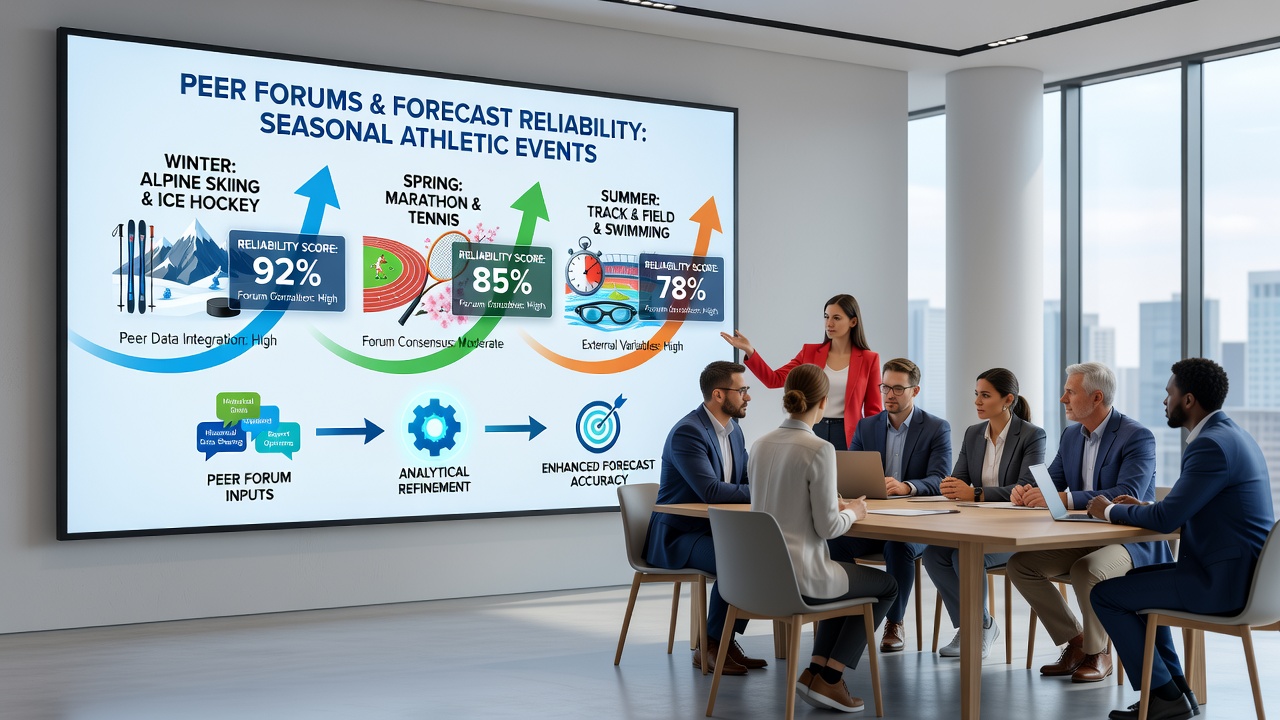 Analysts reviewing shared datasets on seasonal athletic event predictions in a peer forum interface