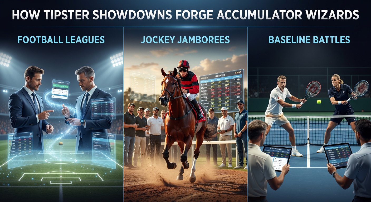 Tipsters competing in a high-stakes showdown, charts showing accumulator wins across football, horse racing, and tennis