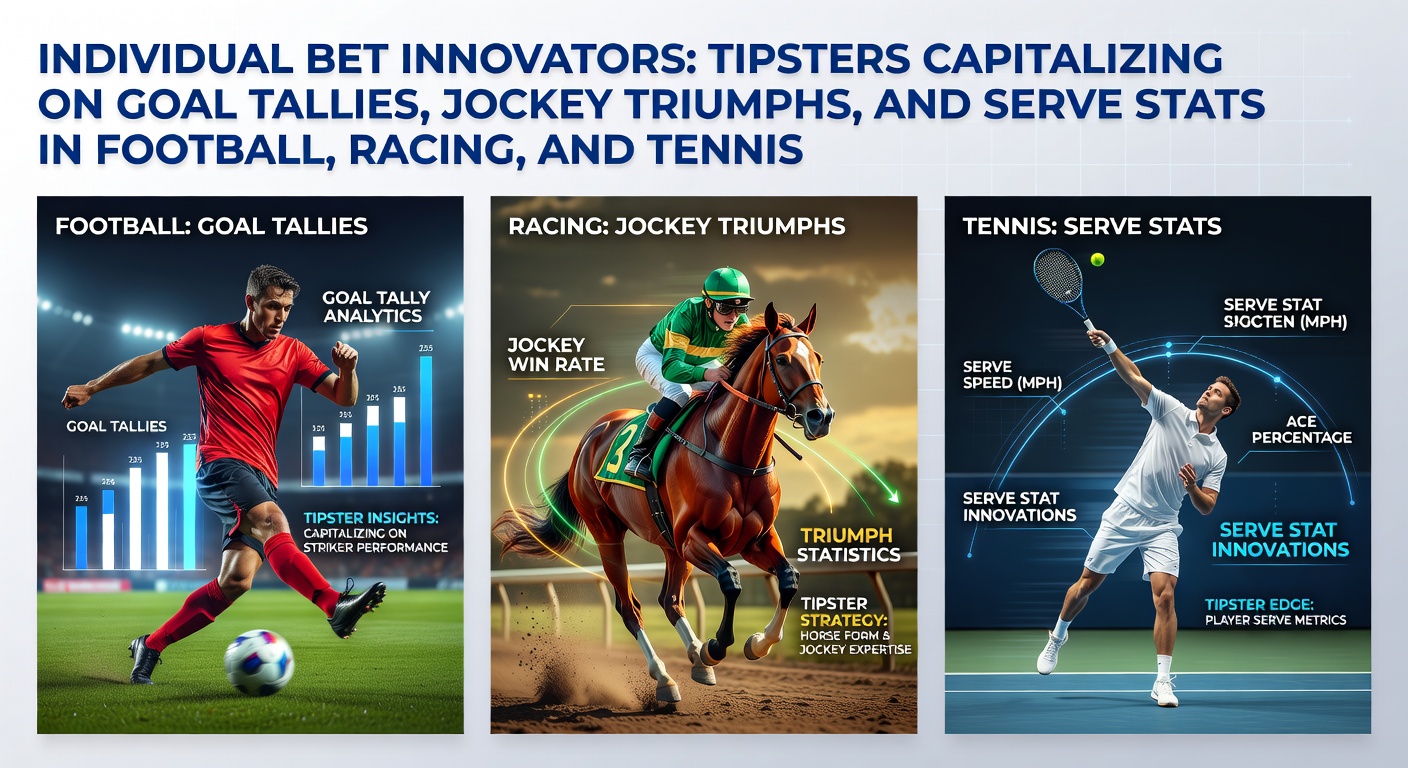 Tipster analyzing football goal data on a screen with racing form sheets and tennis serve charts nearby