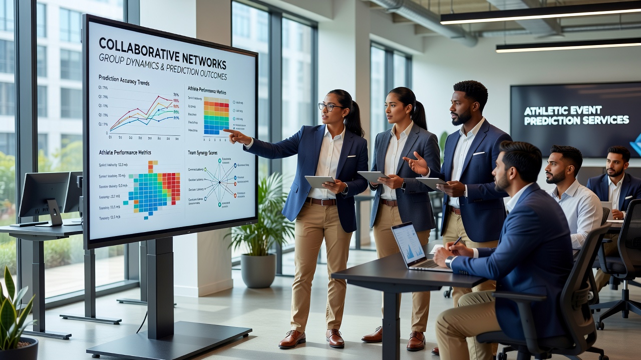 Collaborative team analyzing athletic event data in a modern prediction service workspace