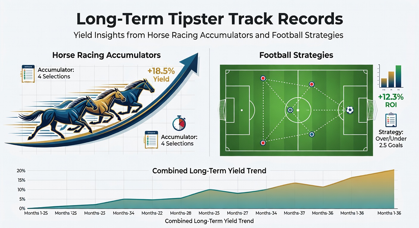 Comparative chart of football strategy yields versus horse racing accumulators, plotting monthly performance from 2023 to March 2026 with upward trends for consistent tipsters