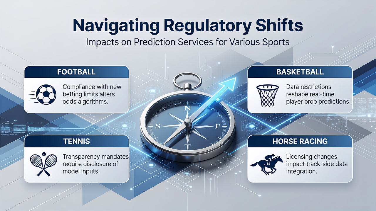 Regulatory documents and sports analytics dashboards displayed on multiple screens showing prediction models for football, tennis, and horse racing