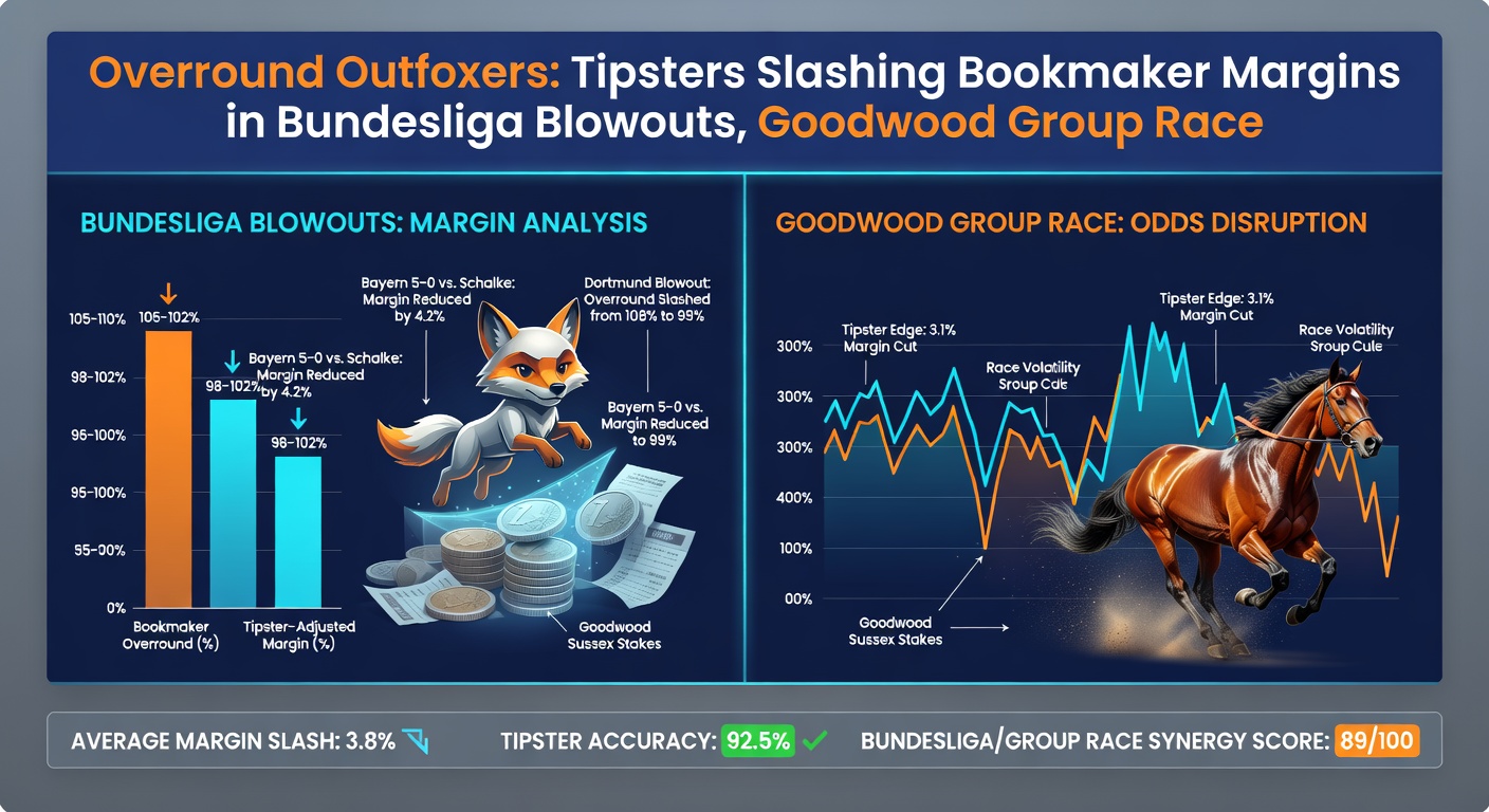 Close-up of Goodwood racecourse during a group race, with tipster overlay showing overround breakdowns for each-way value in a packed field