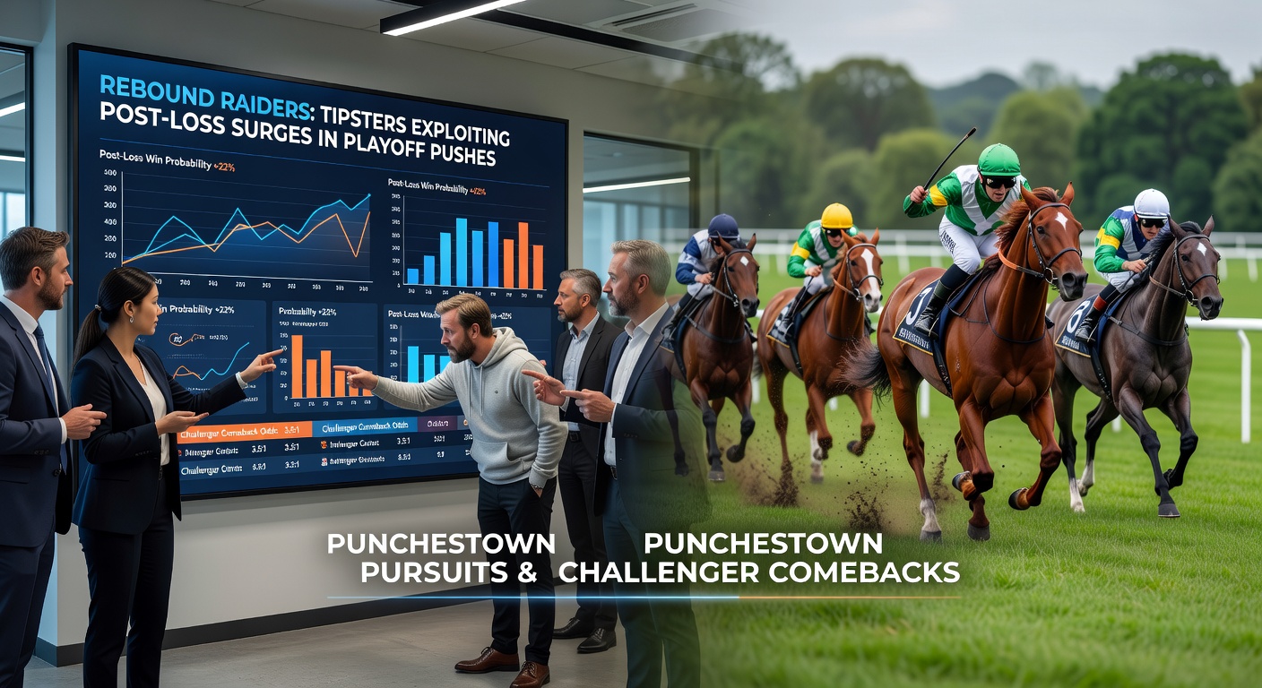 Tipster reviewing charts of recent losses in football playoffs, Punchestown races, and tennis challengers, highlighting surge patterns