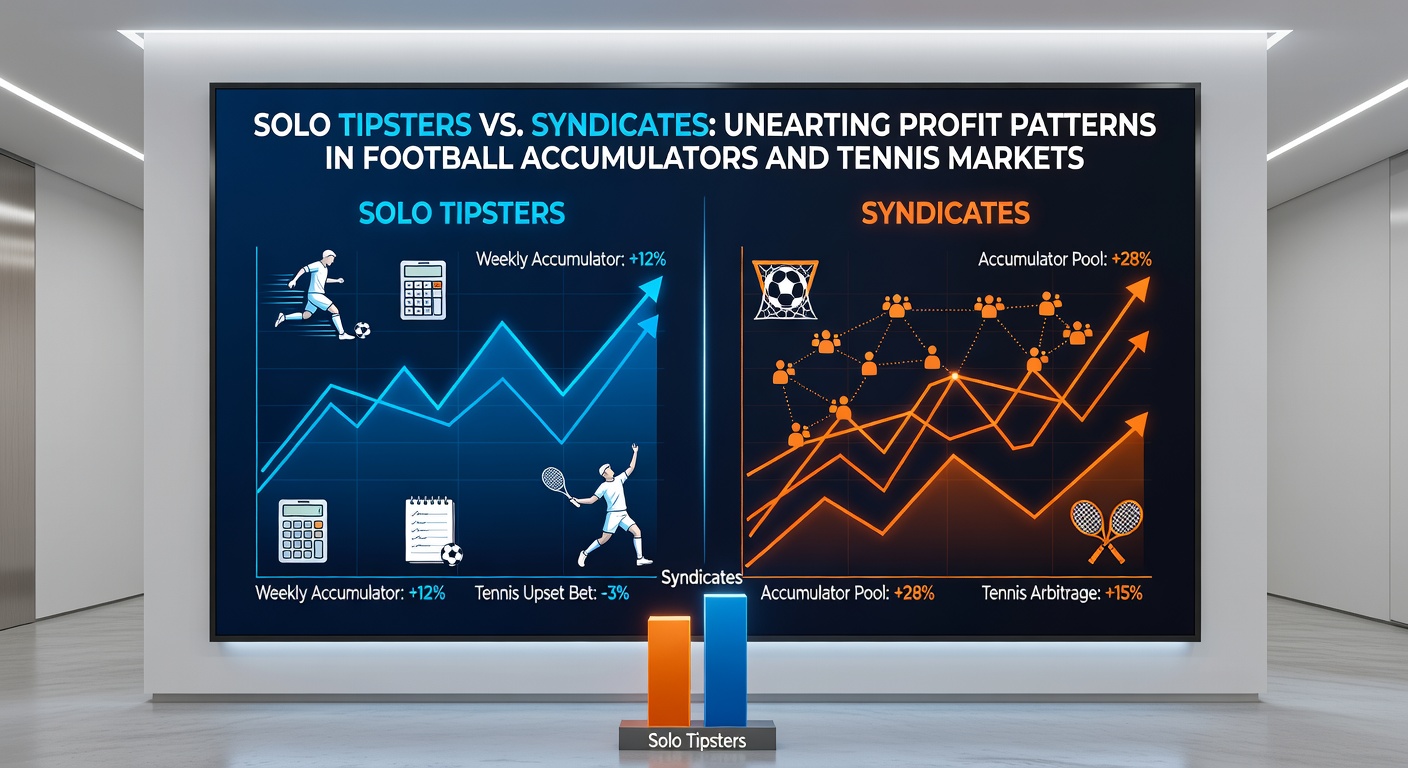 Side-by-side charts displaying syndicate profit curves in tennis markets versus solo tipster performance in football accumulators