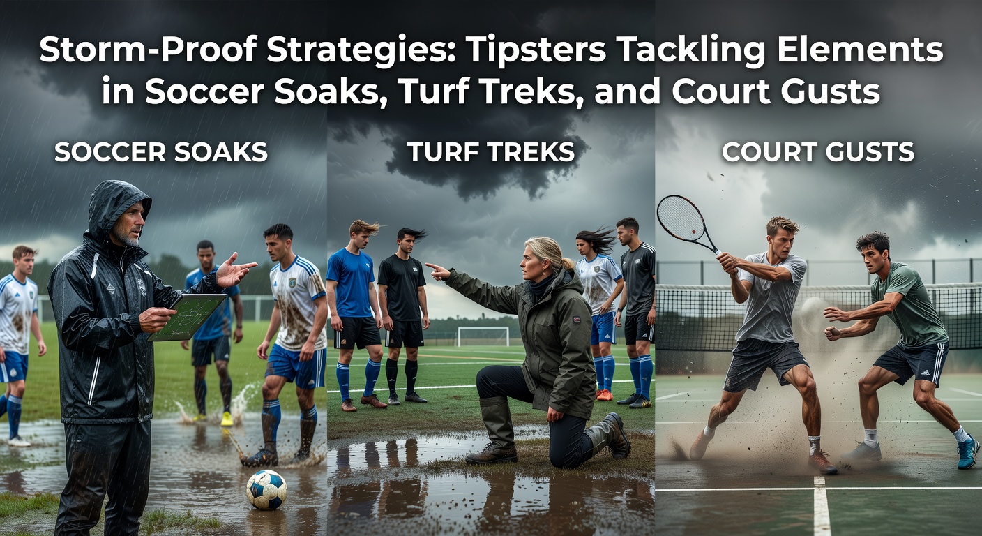 Tipster reviewing weather forecasts alongside soccer pitch conditions during a rainy match preview