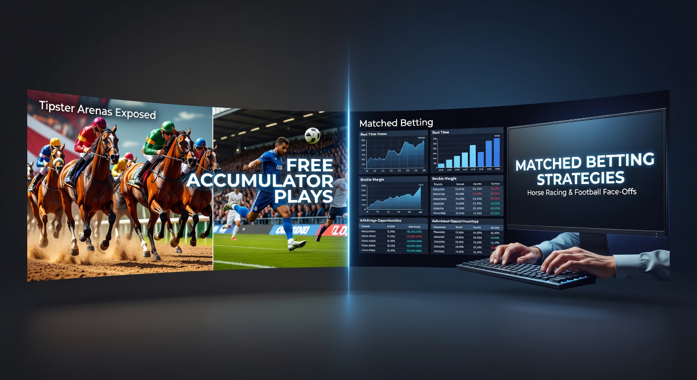 Vibrant arena scene showing tipsters battling with accumulator slips and matched betting charts amid horse racing tracks and football pitches