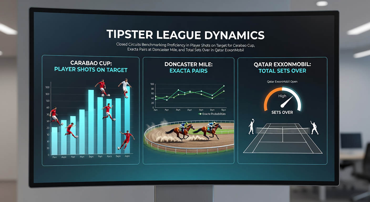 Tipsters huddled around screens in a private league room, charts displaying shots on target stats, exacta pairings, and tennis set totals glowing brightly