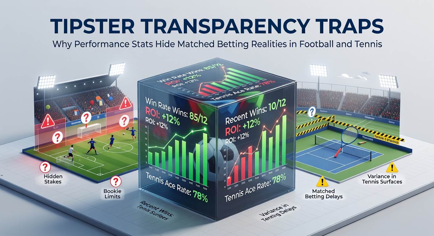 Chart displaying tipster performance metrics with rising profit lines amid football and tennis icons