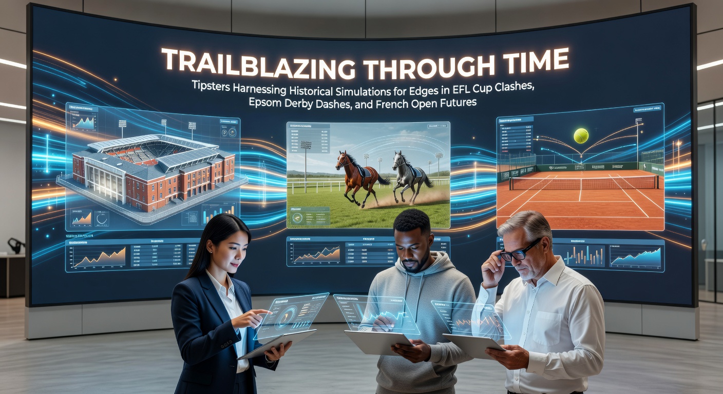 Tipster analyzing historical data simulations on a computer screen for EFL Cup, Epsom Derby, and French Open predictions