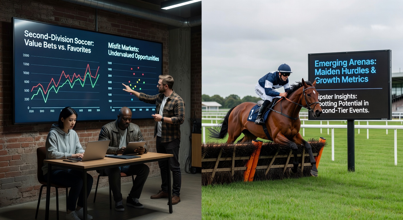Tipster reviewing charts of underdog performances in second-division soccer matches, maiden hurdle races, and ITF Futures tennis events, highlighting unexpected victories and market inefficiencies