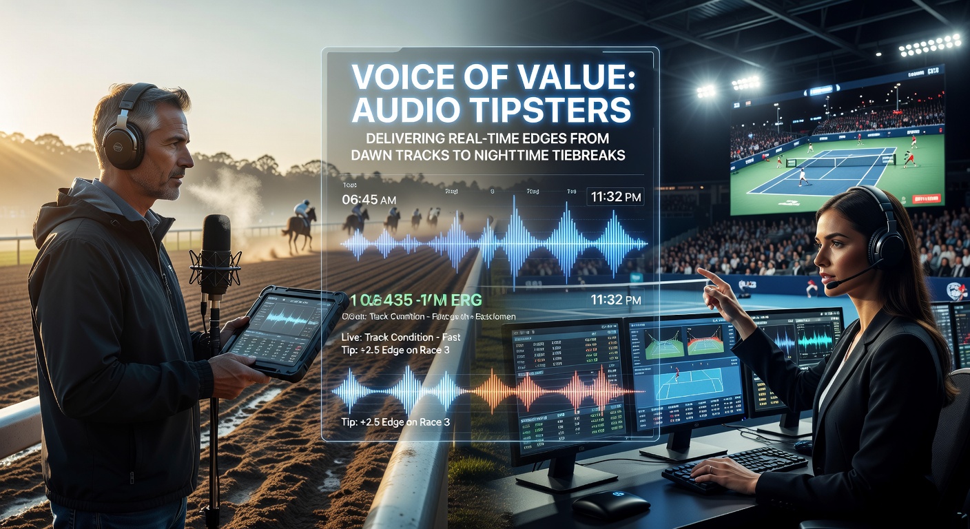 Microphone close-up with betting slips and racecourse backdrop, symbolizing audio tips in action