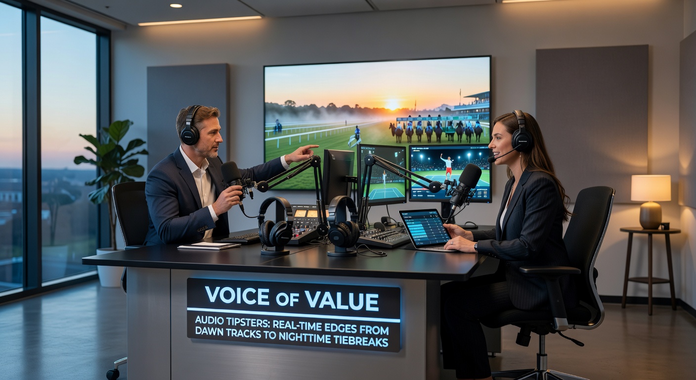 Headphones on a desk beside a smartphone playing a voice tip, with football pitch and scoreboard in the background