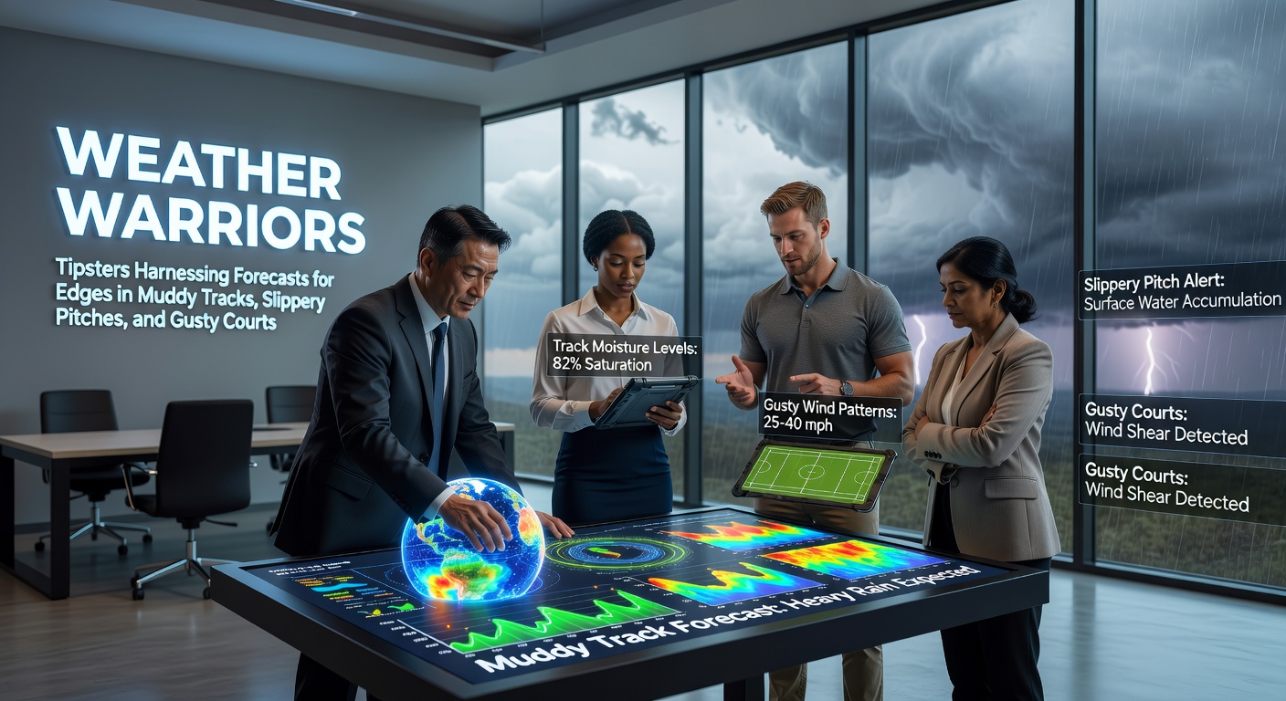 Tipster analyzing weather forecast overlaid on a muddy horse racing track with rain pouring down, highlighting puddles and altered terrain