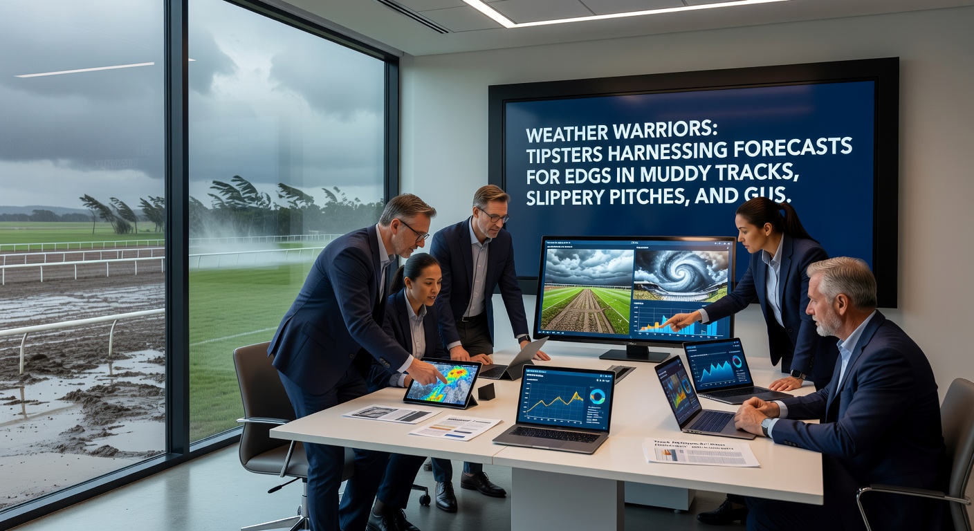 Football players slipping on a rain-soaked pitch during a match, with a tipster's weather app open in the foreground showing heavy rain icons and wind arrows